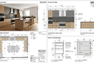 create mozaik kitchen cabinet designs, 3d layouts, elevations and shop drawings