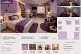 create a 3d interior design mood board and room makeover