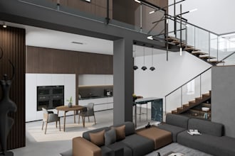 contemporary loft concept,apartment interior layout,bathroom,living space render