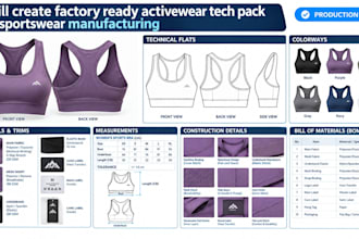 create factory ready activewear tech pack for sportswear manufacturing