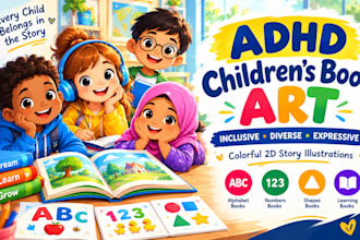 create adhd children book art, inclusive characters and original songwriting