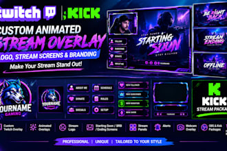 design custom animated twitch overlay, logo, stream screen and branding