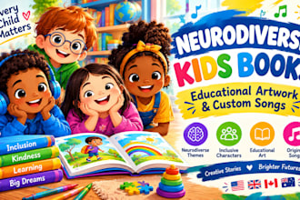 illustrate neurodiverse kids books, educational artwork and create custom song