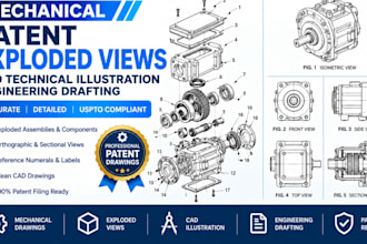 mechanical patent exploded views cad technical illustration engineering drafting