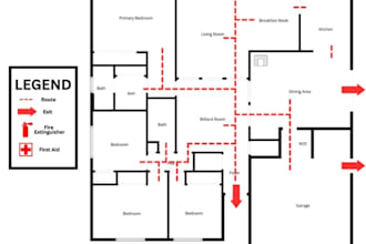 draw 2d fire escape plan,evacuation plan,life safety plan for airbnb, commercial