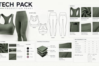 create activewear tech pack for leggings, sport bra, gymwear for manufacturing