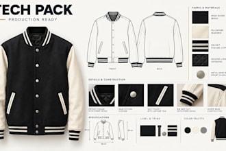 create varsity jacket and bomber jacket tech pack for production