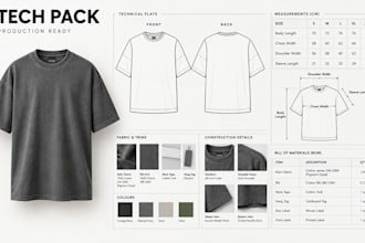 create t shirt tech pack with measurements and bom for manufacturing