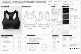 create activewear sportwear and fitness clothing tech pack for production