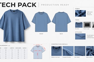 create an oversized t shirt tech pack with bom and measurements for production