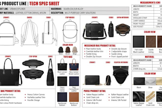 do backpack, leather bag, purse, tote and technical drawing for production ready