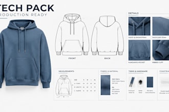 create a hoodie tech pack with technical flats, bom and specs for production