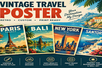 design a vintage travel poster, retro travel poster and travel illustration