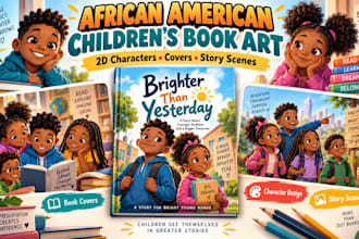 illustrate 2d african american children book cover novel and character design