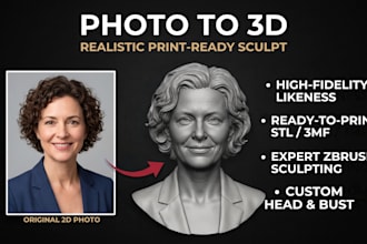sculpt realistic photorealistic 3d portrait head bust from photo for 3d printing