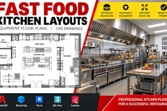 create fast food kitchen layouts, equipments floor plans cad drawings