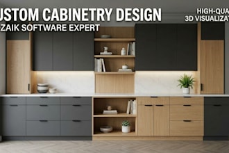design mozaik cabinet design, 3d render and detailed construction drawings