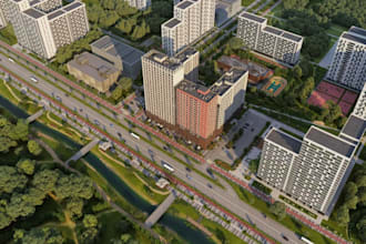 render aerial bird eye view architecture,high rise apartment,university design
