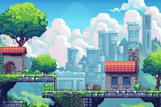 create pixel art environment design, game backgrounds, maps and scenes