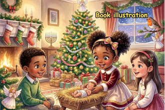 draw christian, bible, christmas chidren story book illustration, picture book