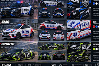 design custom fivem car livery skins, police, ems, sports 4k acc corsa imu forza