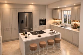 3d design kitchen, cabinet and bathroom interior with render