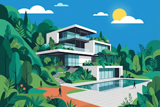 draw a building, landscape into vector art illustration