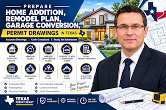 prepare home addition, remodel plan, garage conversion, permit drawings in texas