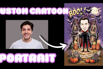 turn people and pet photo into a vintage caricature cartoon halloween holidays