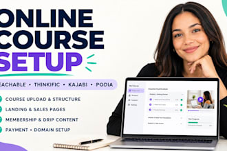 setup, upload online course on teachable website, thinkific community lms kajabi