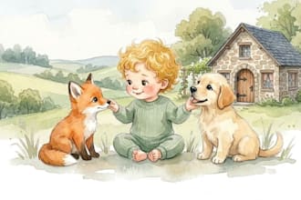 kinderbuch illustration, cartoon watercolor storybook art in aquarell stil