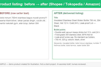write upload ready product listings for shopee tokopedia and amazon