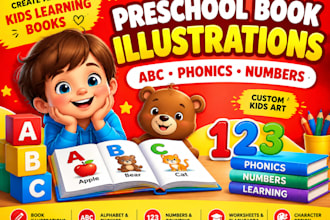 create preschool book illustrations for abc phonics numbers and learning