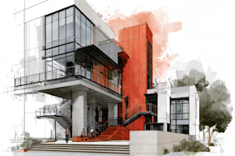 custom digital watercolor house, building