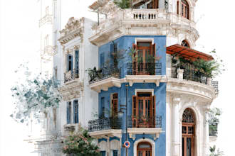 sketch architecture building with watercolor rendering