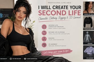 create custom second life avatars, clothing, rigging and 3d garments mesh