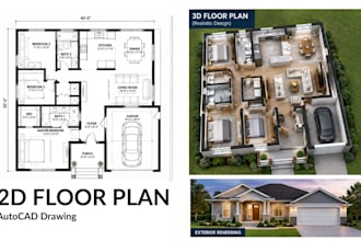 draw autocad 2d floor plan, 3d floor plan design, house plan and 3d rendering