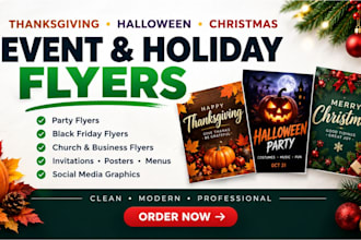 design thanksgiving, halloween, black friday and christmas promotional flyers