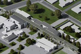 build site plan of landscaped commercial complex with parking lots, green area