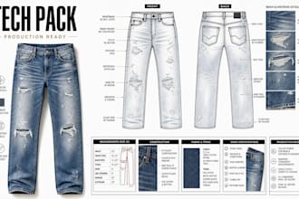 create jeans denim tech pack with grading size specs, wash detail for production