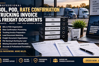 organize bol, pod, rate confirmation, trucking invoice and freight documents