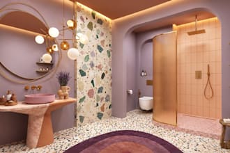 design 3d pastel terrazzo bathroom layout, kitchen, bedroom interior rendering