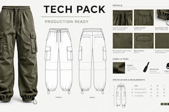create cargo pants and cargo jogger tech pack for manufacturing