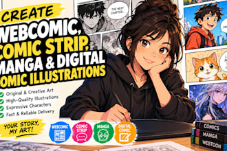 create webcomic, comic strip, manga digital comic illustrations cartoon script