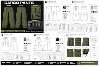 create cargo pants and cargo jogger tech pack for factory production line