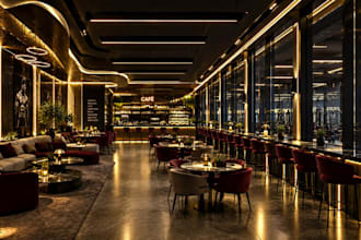 furnished nightclub, café design, lounge interior, hotel,3d restaurant rendering