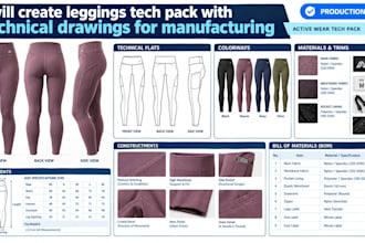 create leggings tech pack with technical drawings for manufacturing