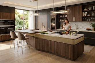 design 3d kitchen design, dynamic island, kitchen cabinet realistic rendering