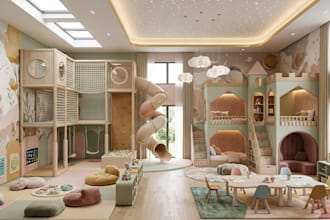 create luxury 3d kids room design, playroom, 3d playing ground design and render