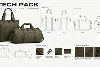 create handbag tote and duffle bag tech pack for manufacturing